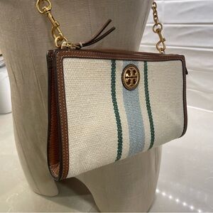 Tory Burch Carson Crossbody Canvas Stripe Shoulder Bag with Brown Leather Trim